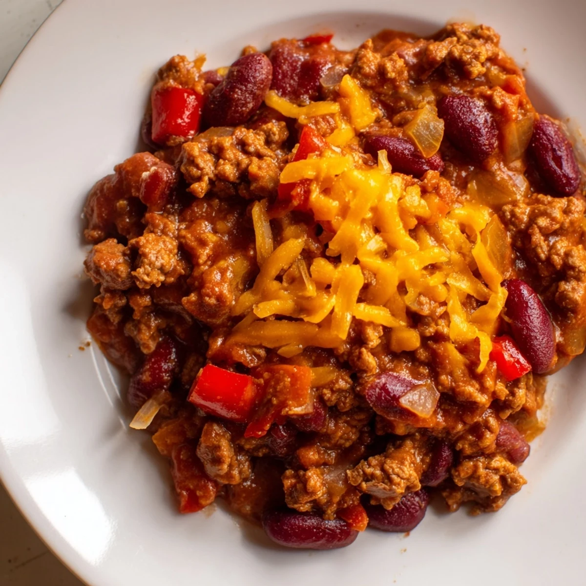 A steaming bowl of hearty Beef and Bean Chili with Cheddar Cheese, topped with melty cheese and fresh green onions.