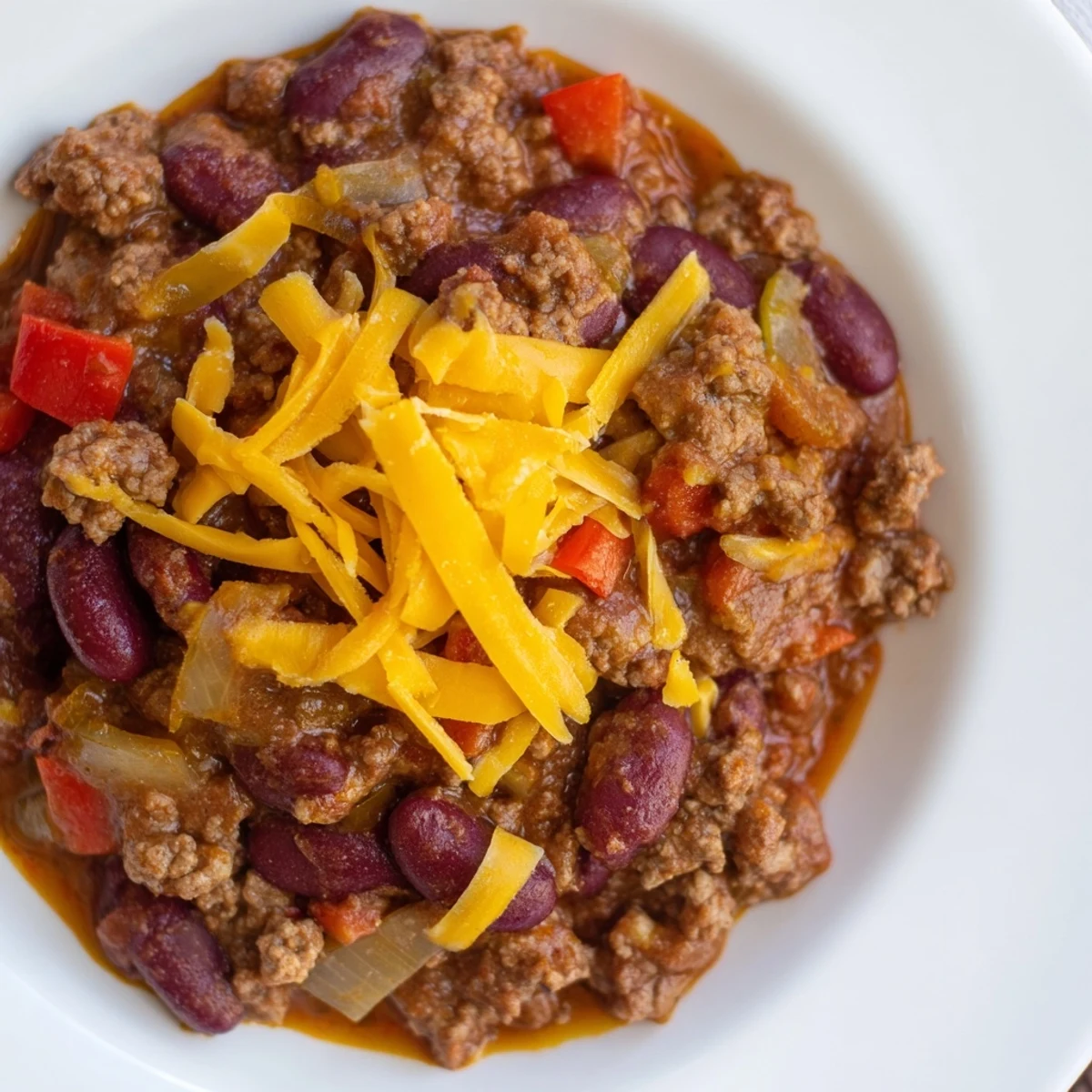 Close-up of Beef and Bean Chili with Cheddar Cheese, showing tender ground beef and kidney beans in a rich, savory broth.
