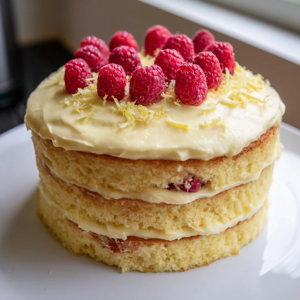 A slice of the vibrant Lemon Raspberry Layer Cake with Frosting showcases creamy lemon frosting between tender layers, dotted with fresh raspberries.