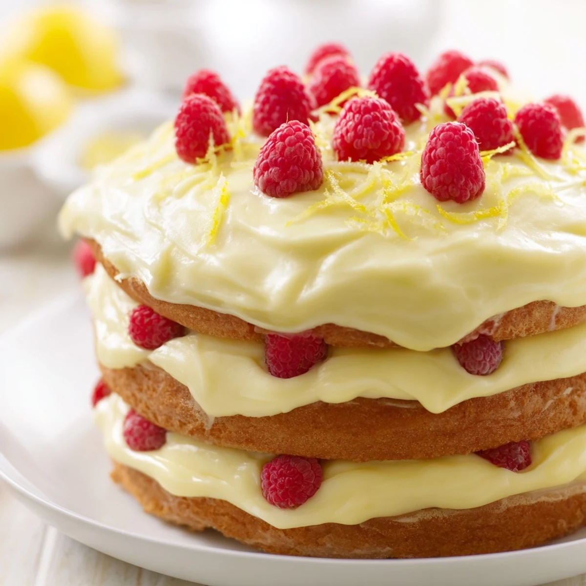 A three-layer Lemon Raspberry Layer Cake with Frosting sits on a white plate, garnished with whole berries and lemon zest.