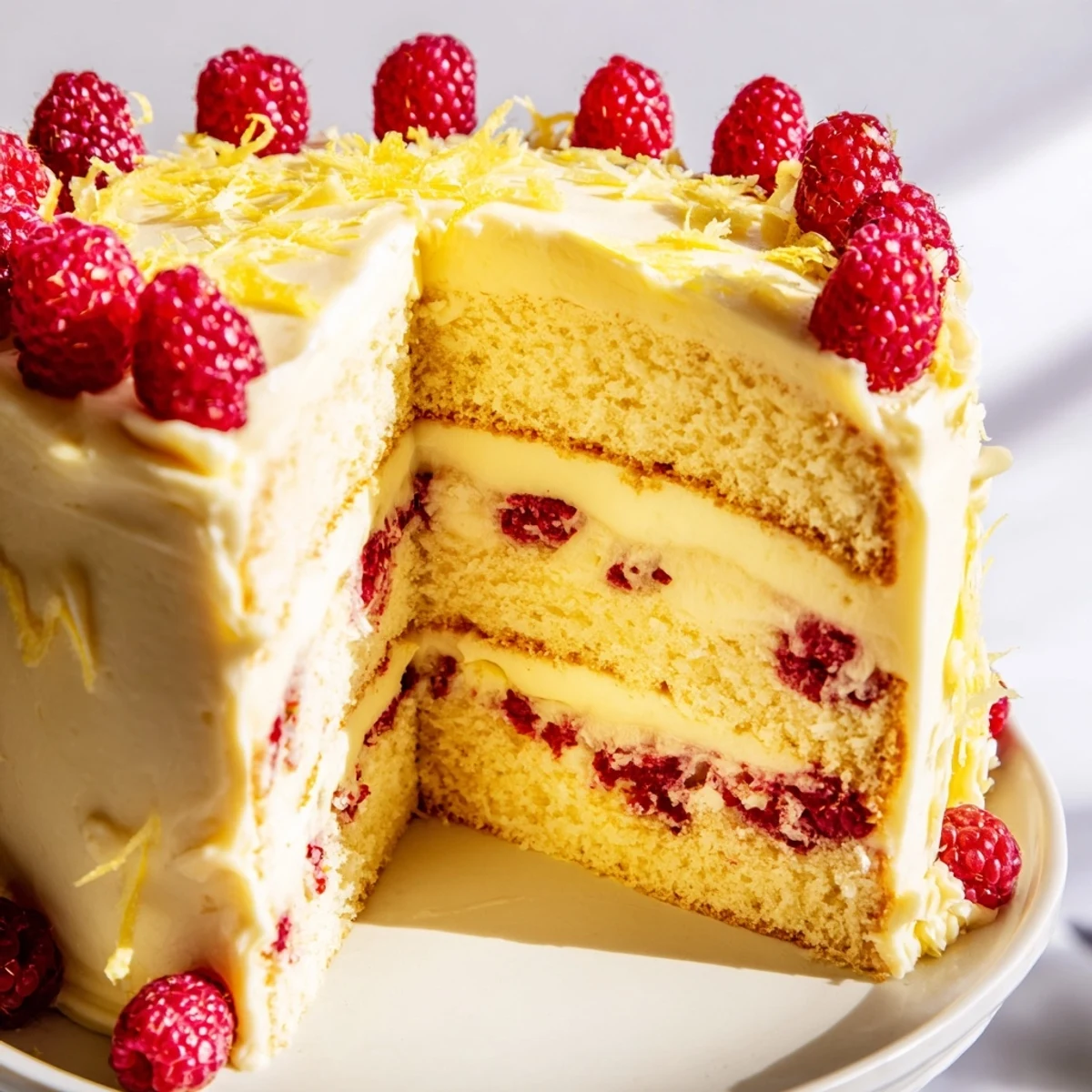 The moist Lemon Raspberry Layer Cake with Frosting features fluffy lemon buttercream and juicy raspberries, perfect for a celebratory dessert.