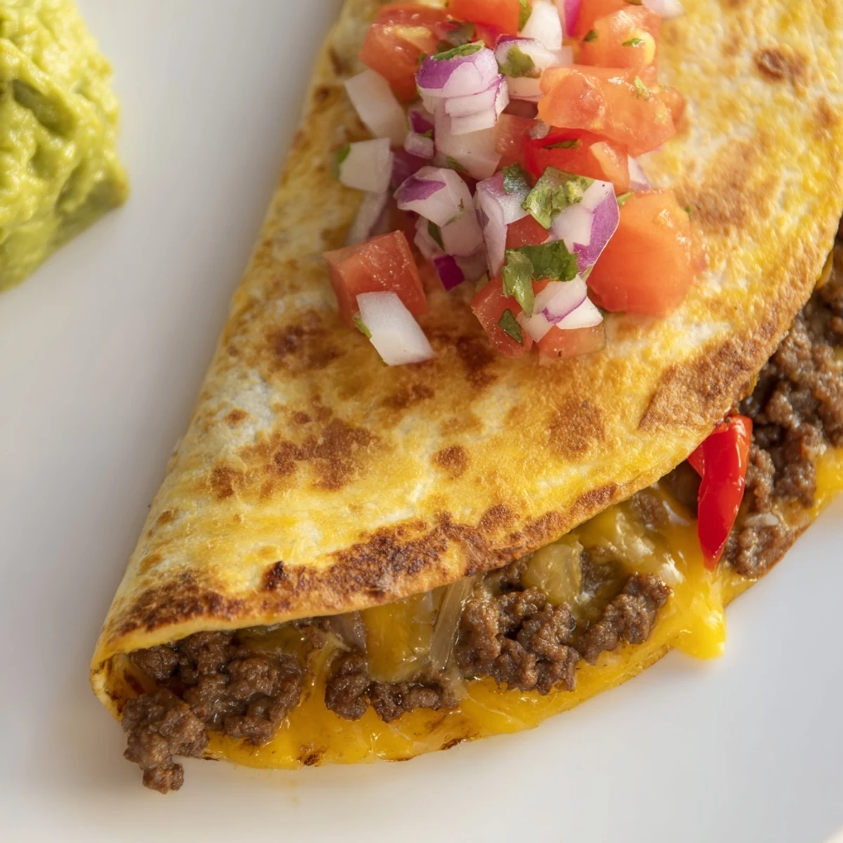 Perfectly grilled Beef Quesadillas with Salsa and Guacamole, garnished with fresh cilantro and lime, ideal for a quick weeknight dinner.