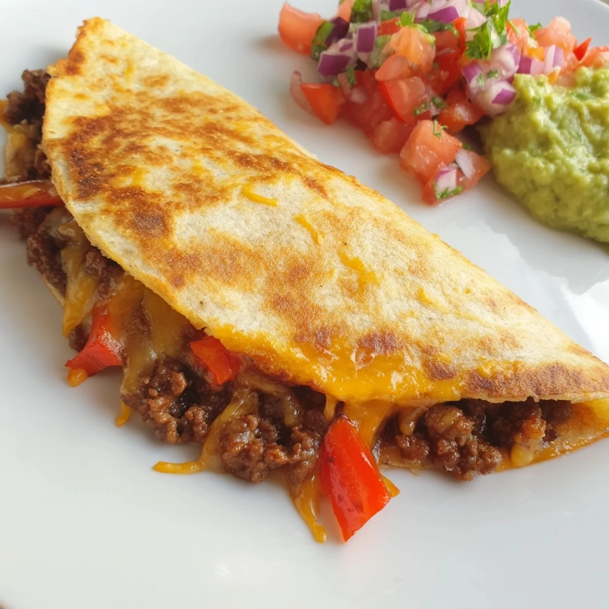 A close-up of crispy Beef Quesadillas with Salsa and Guacamole, revealing melted cheese and savory beef on a rustic wooden table.  