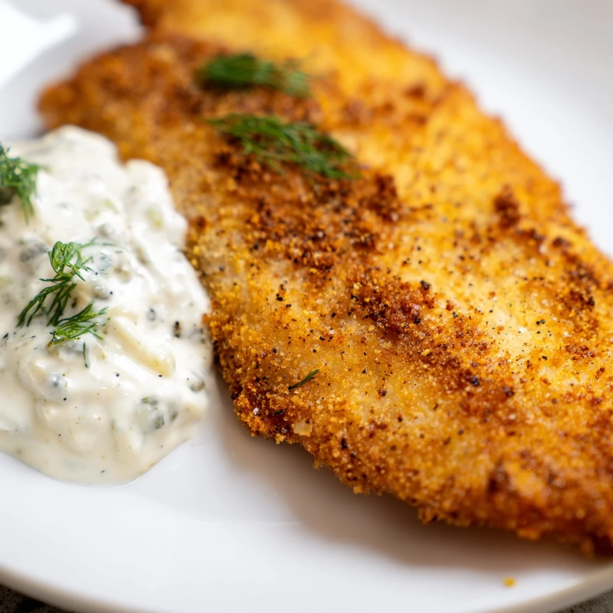 Crispy Cajun Fish Fry with golden breading and a creamy tartar sauce, ready to serve hot.