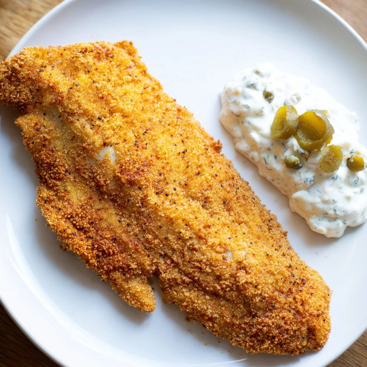 Golden-fried Cajun Fish Fry fillets served with creamy tartar sauce and lemon wedges on a rustic plate.