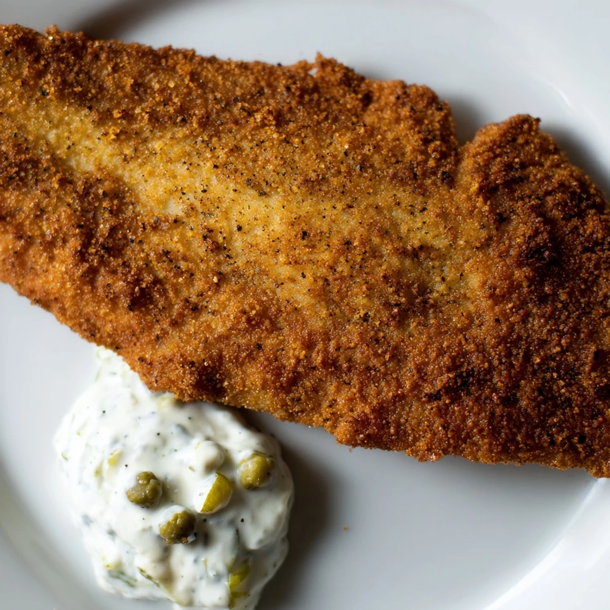 Spicy Cajun Fish Fry fillets paired with homemade tartar sauce and lemon wedges for a Southern meal.