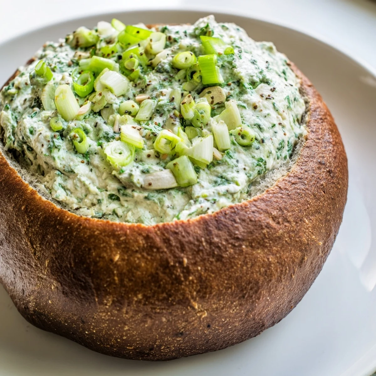 Freshly made St. Patricks Day Spinach Dip served warm inside a hollowed round rye bread bowl, garnished with green onions for a festive touch.