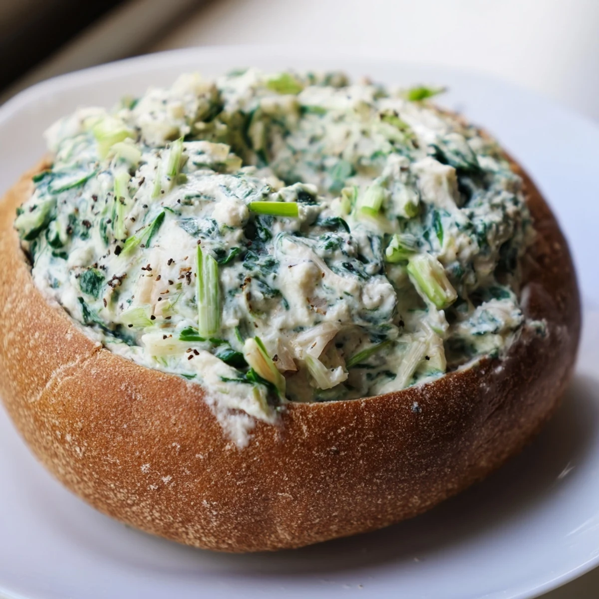 A creamy bowl of St. Patricks Day Spinach Dip nestled in a rustic rye bread bowl, surrounded by colorful vegetable crudités for dipping.
