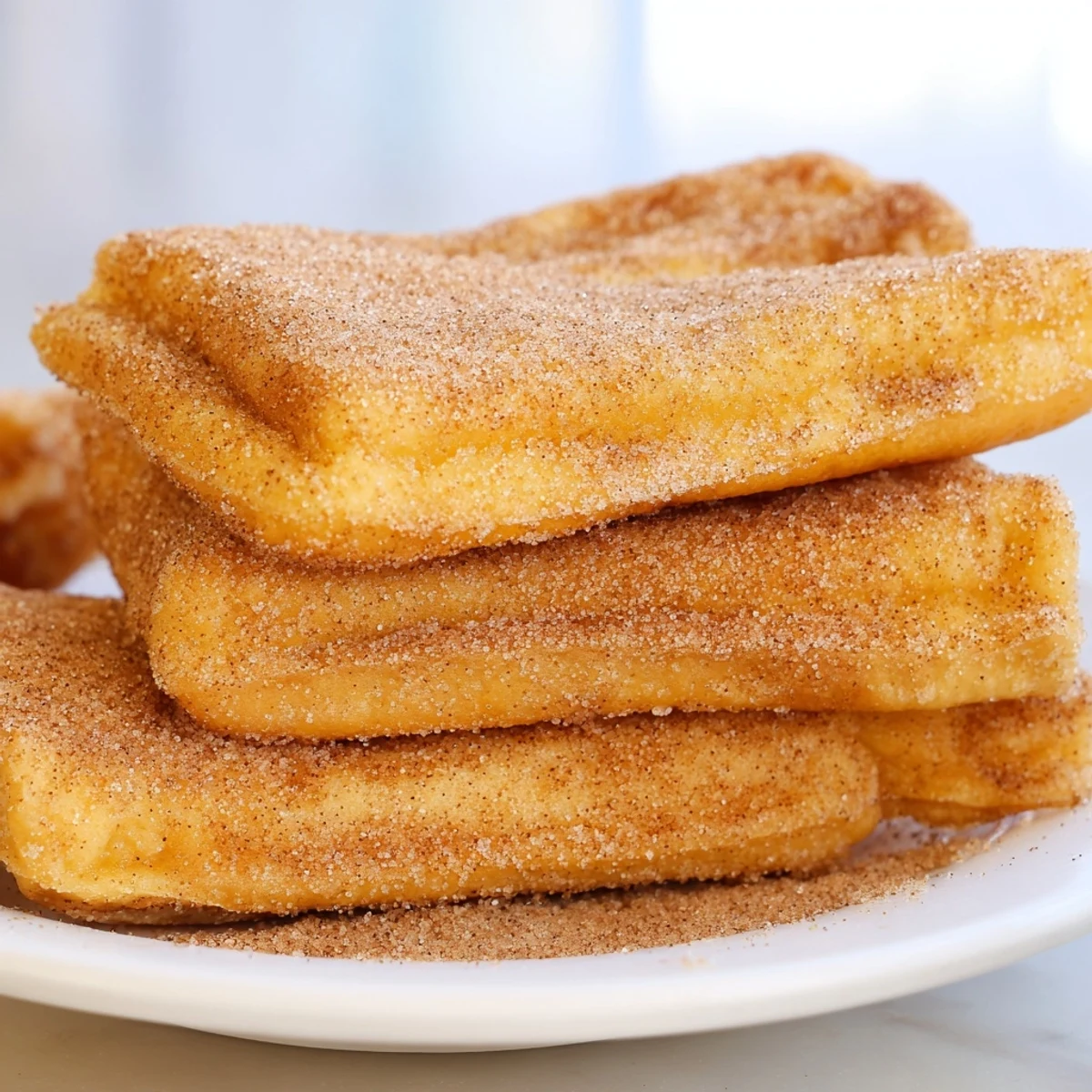 Freshly fried Mardi Gras Fried Dough with Cinnamon rests on a plate, ready to dust with powdered sugar.