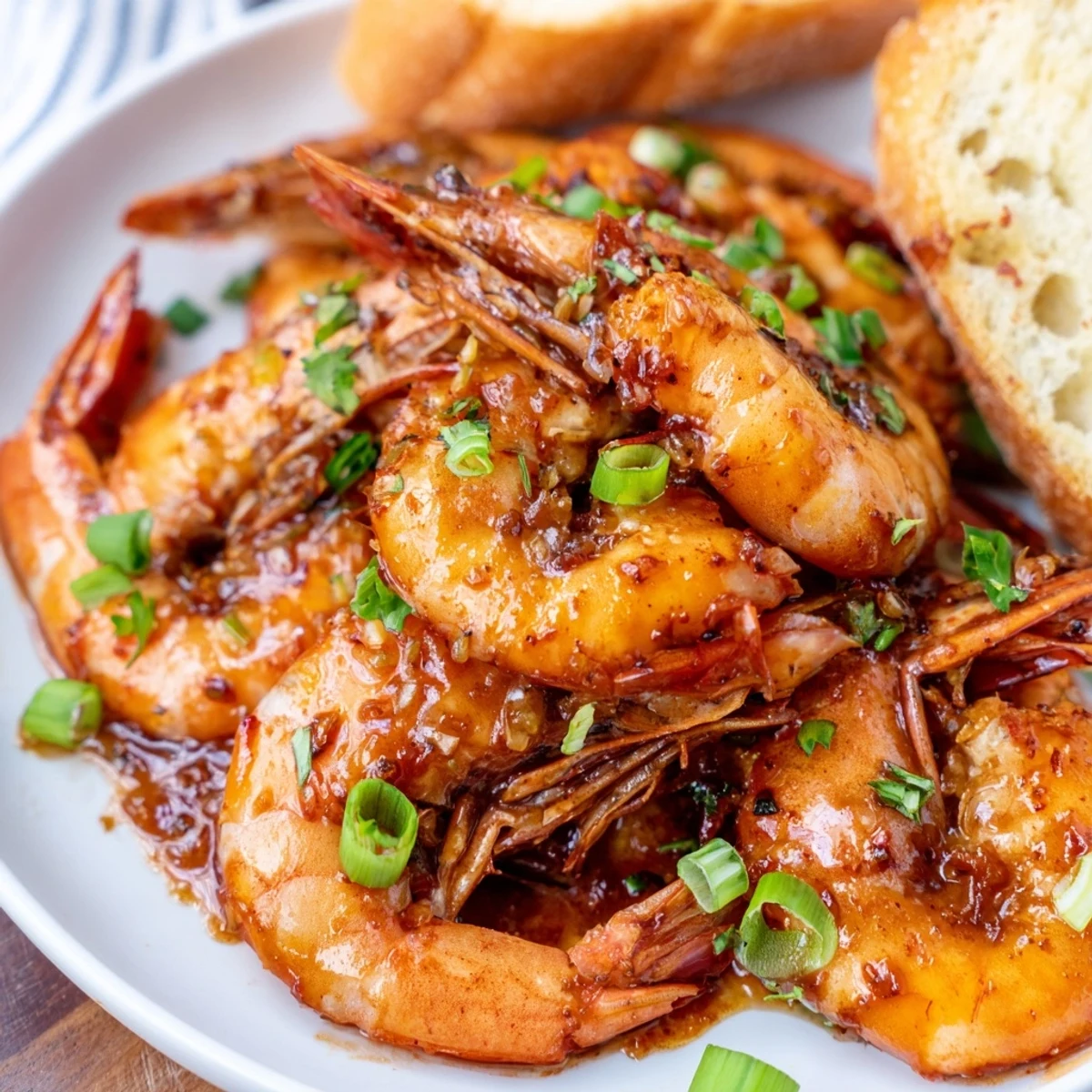 Succulent Gulf shrimp simmer in rich, peppery gravy alongside thick slices of French bread in a rustic bowl.