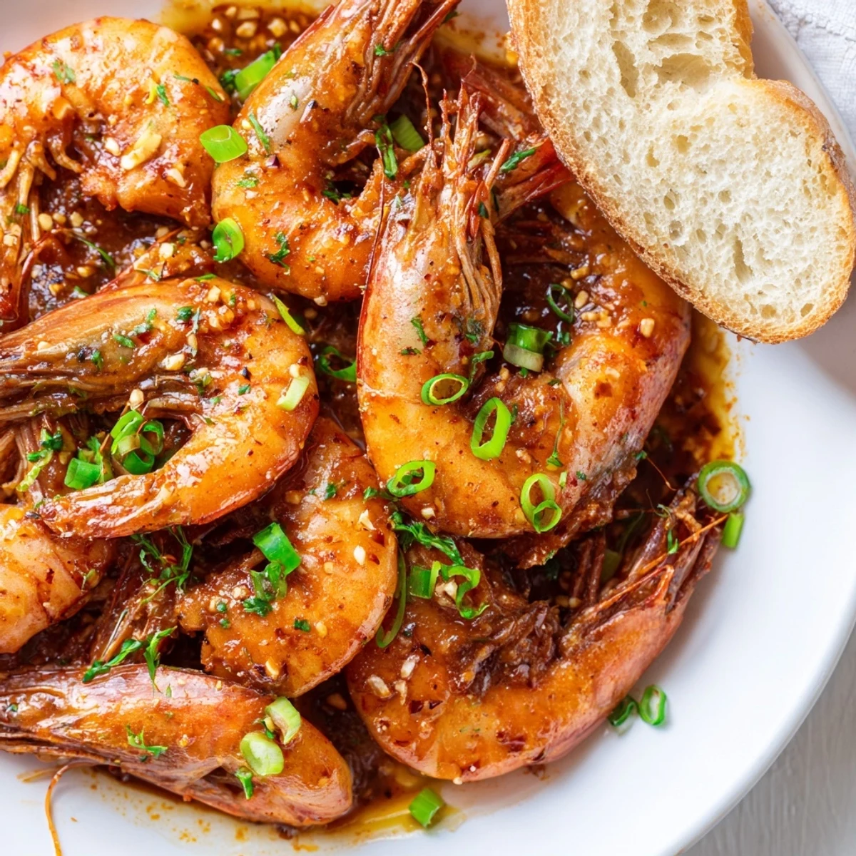 A close-up of plump New Orleans BBQ Shrimp in a savory, garlicky butter sauce with fresh parsley garnish.
