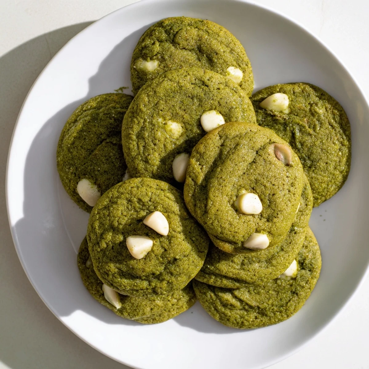 Freshly baked Green Matcha Cookies with White Chocolate cooling on a wire rack, displaying vibrant green hues and creamy white chips.