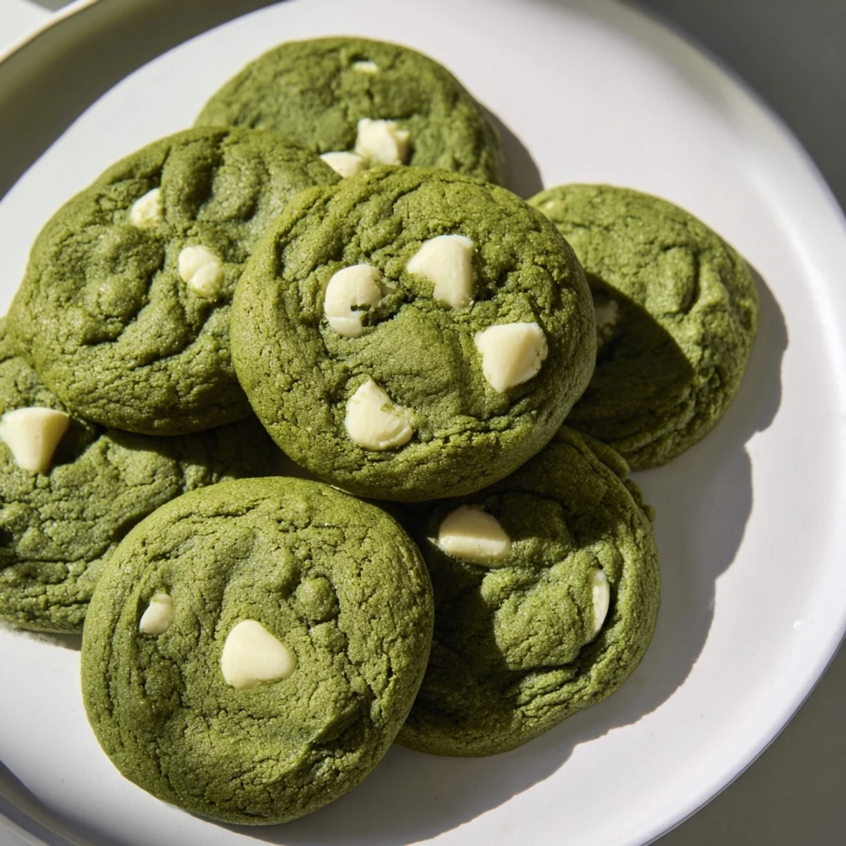 Close-up of a Green Matcha Cookies with White Chocolate broken in half, revealing a soft, chewy interior and melted white chocolate.