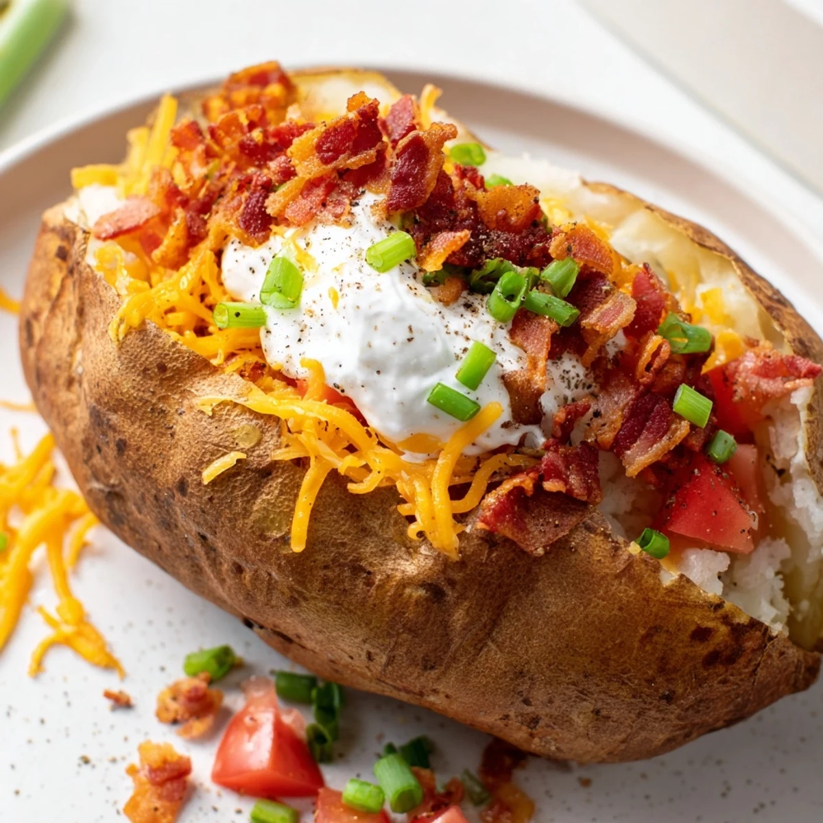A Super Bowl Loaded Baked Potato Bar with fluffy potatoes, melted cheddar, crumbled bacon, and fresh chives served for game day.