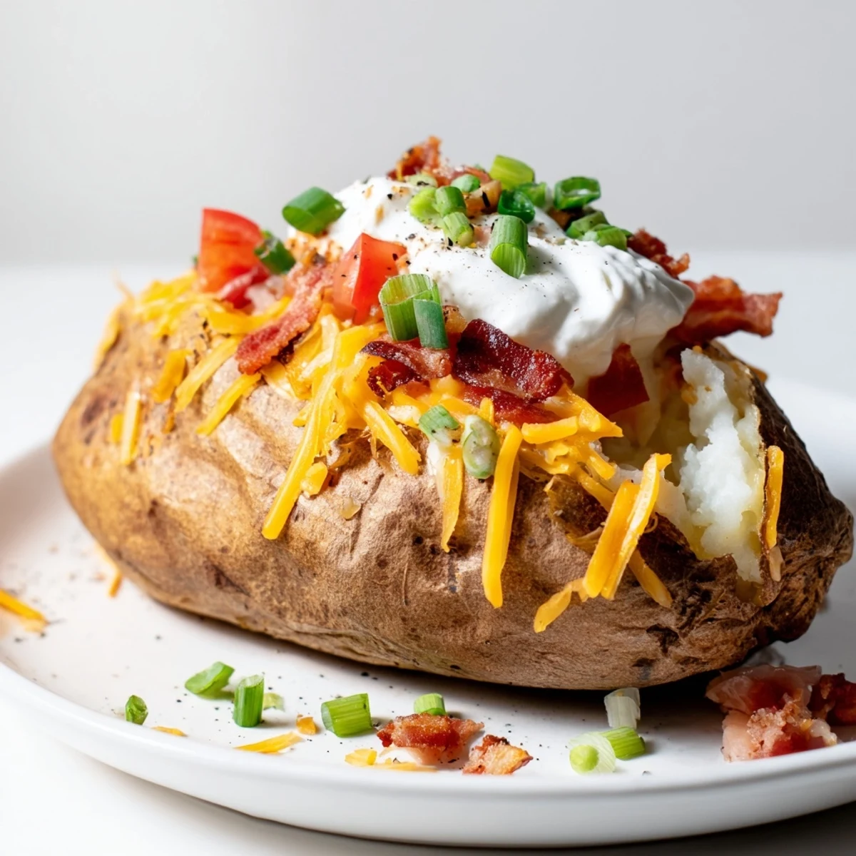 Freshly baked russet potatoes for a Super Bowl Loaded Baked Potato Bar, split open and topped with sour cream and green onions.