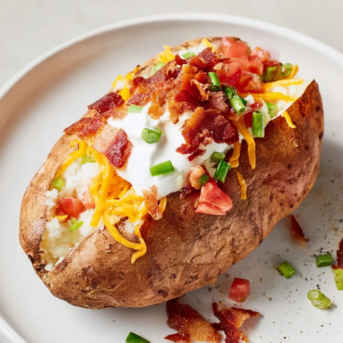 A close look at a Super Bowl Loaded Baked Potato Bar featuring hearty chili, steamed broccoli, and melty Monterey Jack cheese.