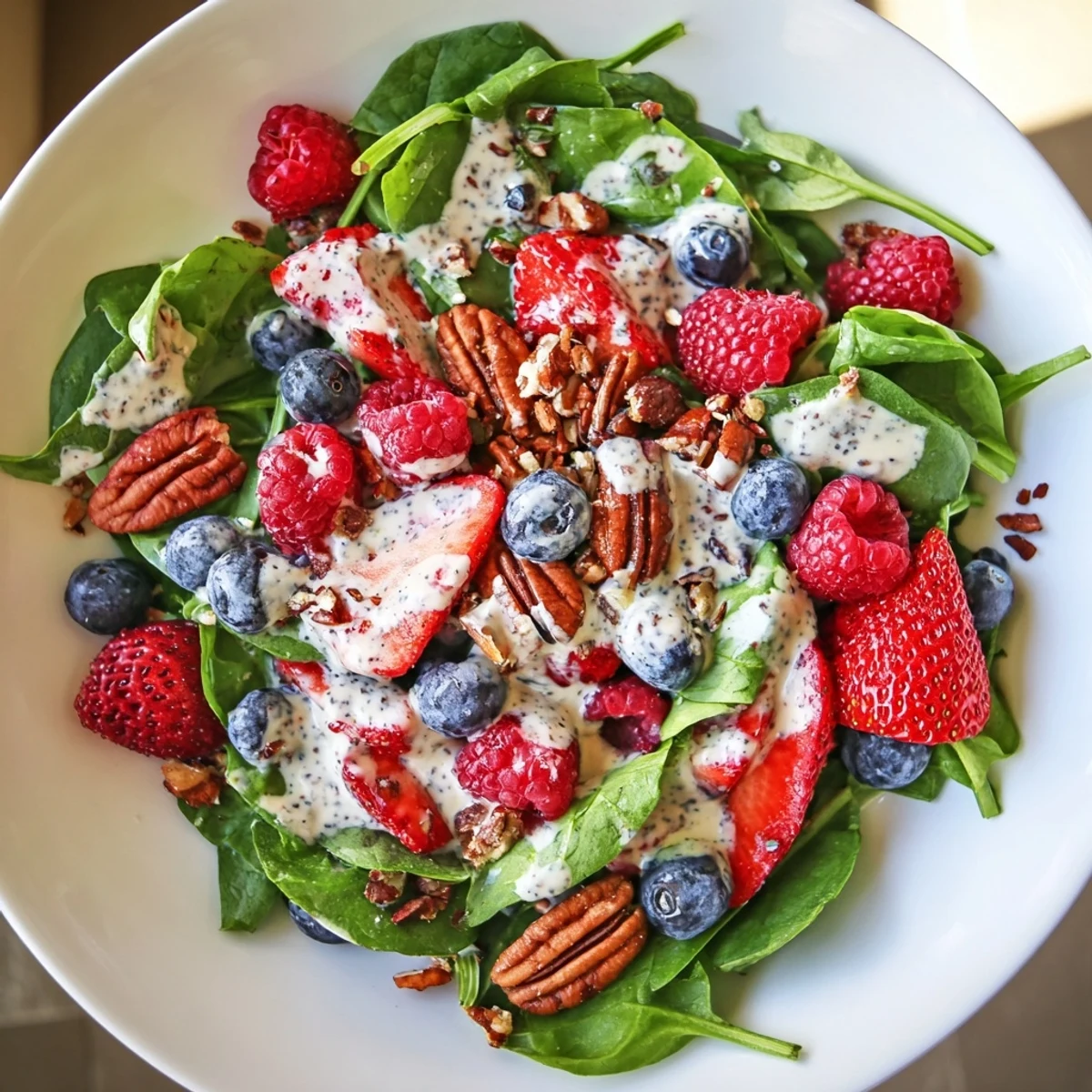 Fresh mixed greens and vibrant strawberries, blueberries, and raspberries topped with crumbled goat cheese and toasted pecans for a Sweetheart Berry Salad with Poppy Seed Dressing.