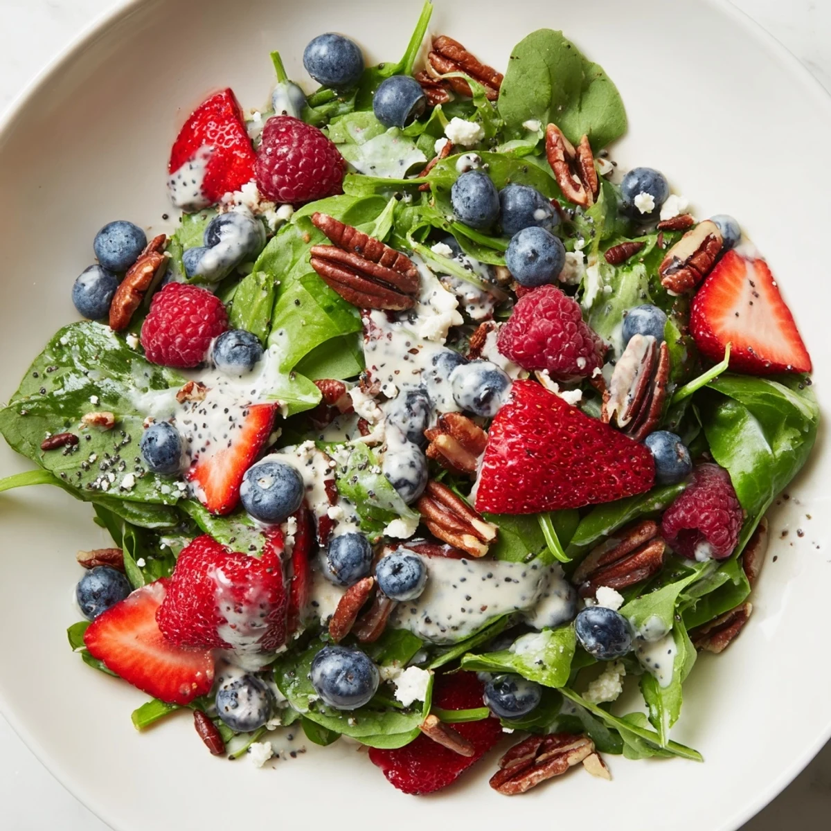 A refreshing serving of Sweetheart Berry Salad with Poppy Seed Dressing, garnished with nuts and cheese, perfect for a summer picnic or romantic dinner.