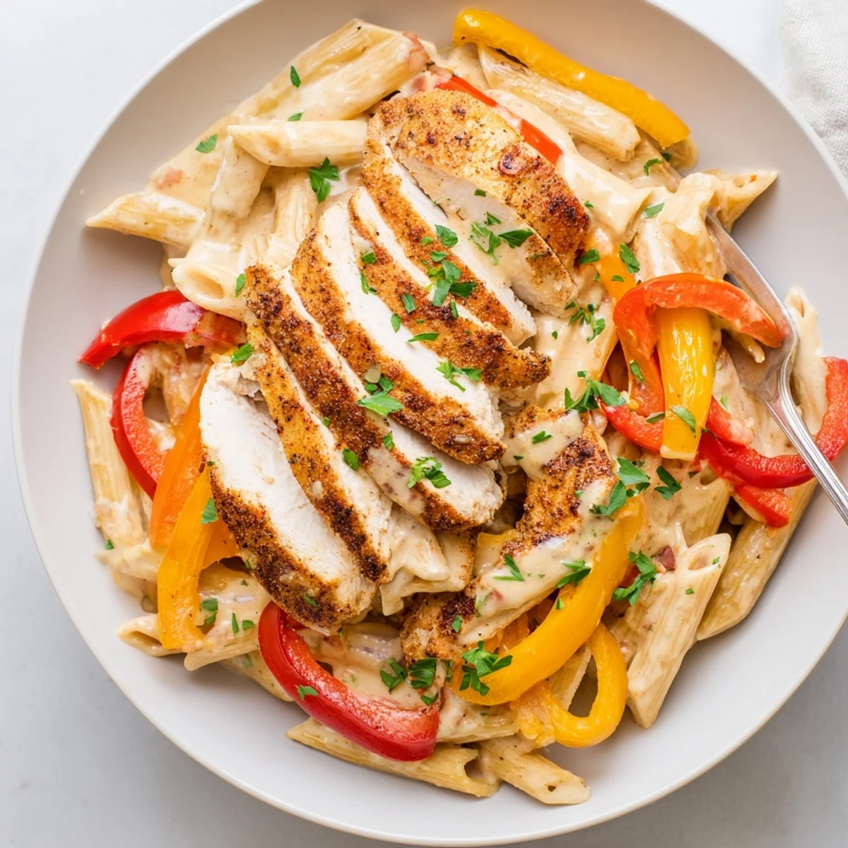 Golden-brown Cajun Chicken Pasta with Cream Sauce in a white bowl, showcasing tender sliced chicken and colorful sautéed peppers coated in rich Parmesan sauce, ready for a weeknight dinner.
