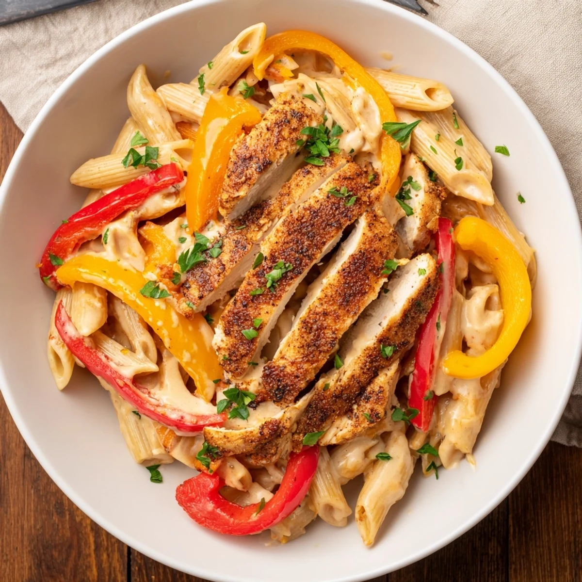 Skillet of Cajun Chicken Pasta with Cream Sauce, close-up on the velvety cheese sauce clinging to noodles and juicy Cajun-spiced chicken, perfect for casual entertaining.