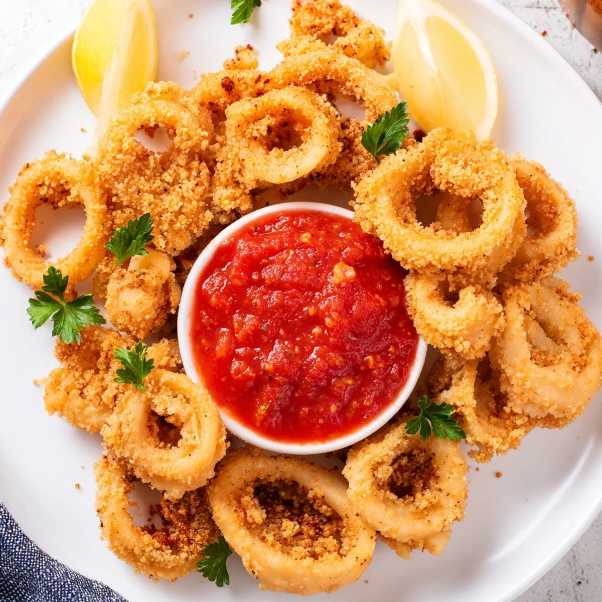 Crispy golden calamari rings stacked high, drizzled with homemade marinara, lemon, and parsley for big game snacking.