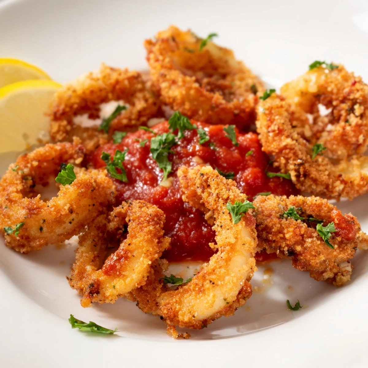 Freshly fried calamari with marinara dipping sauce served on a platter with lemon wedges, ready to share.