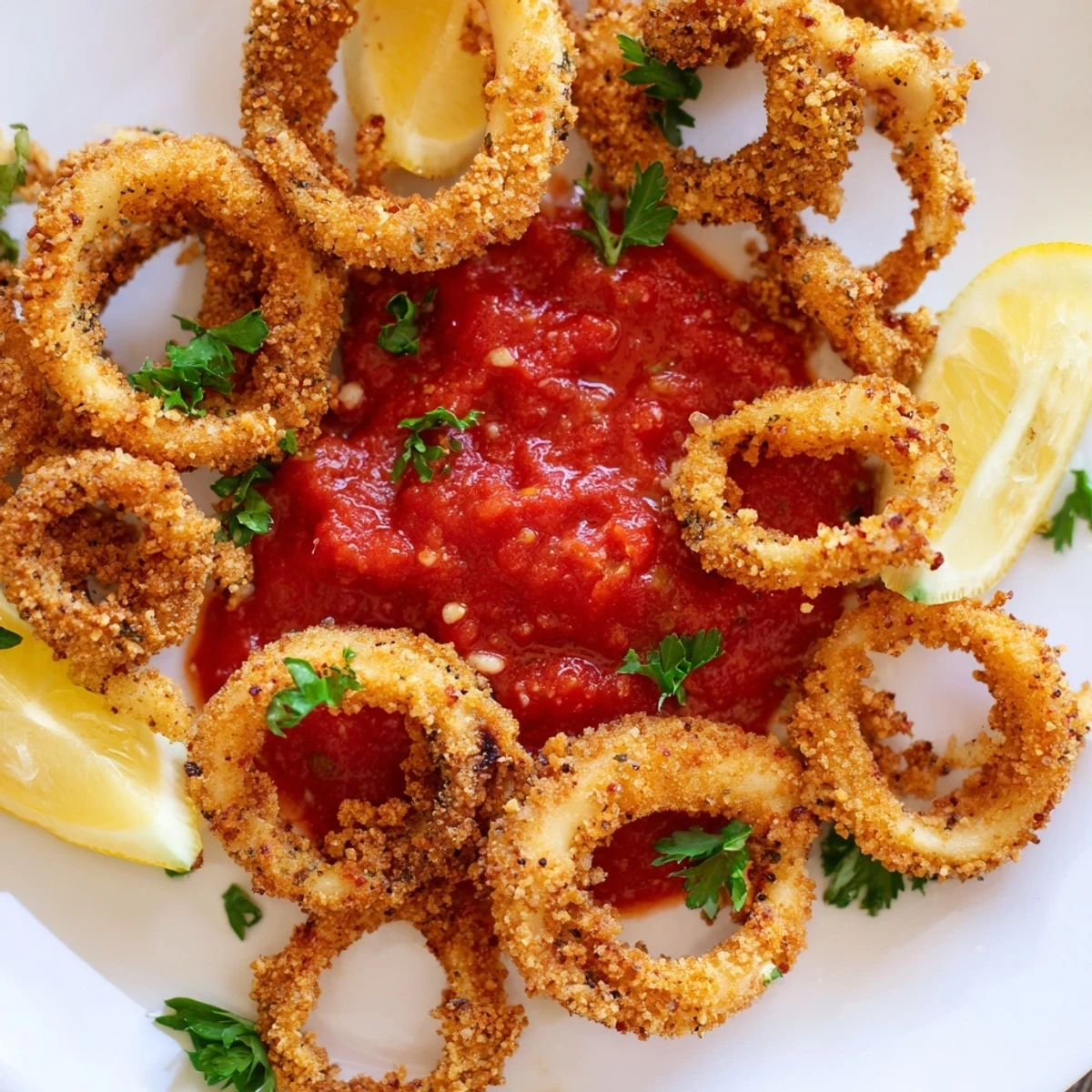 Golden-brown calamari arranged over paper towels, zestful marinara beside them, perfect for game day appetizers.