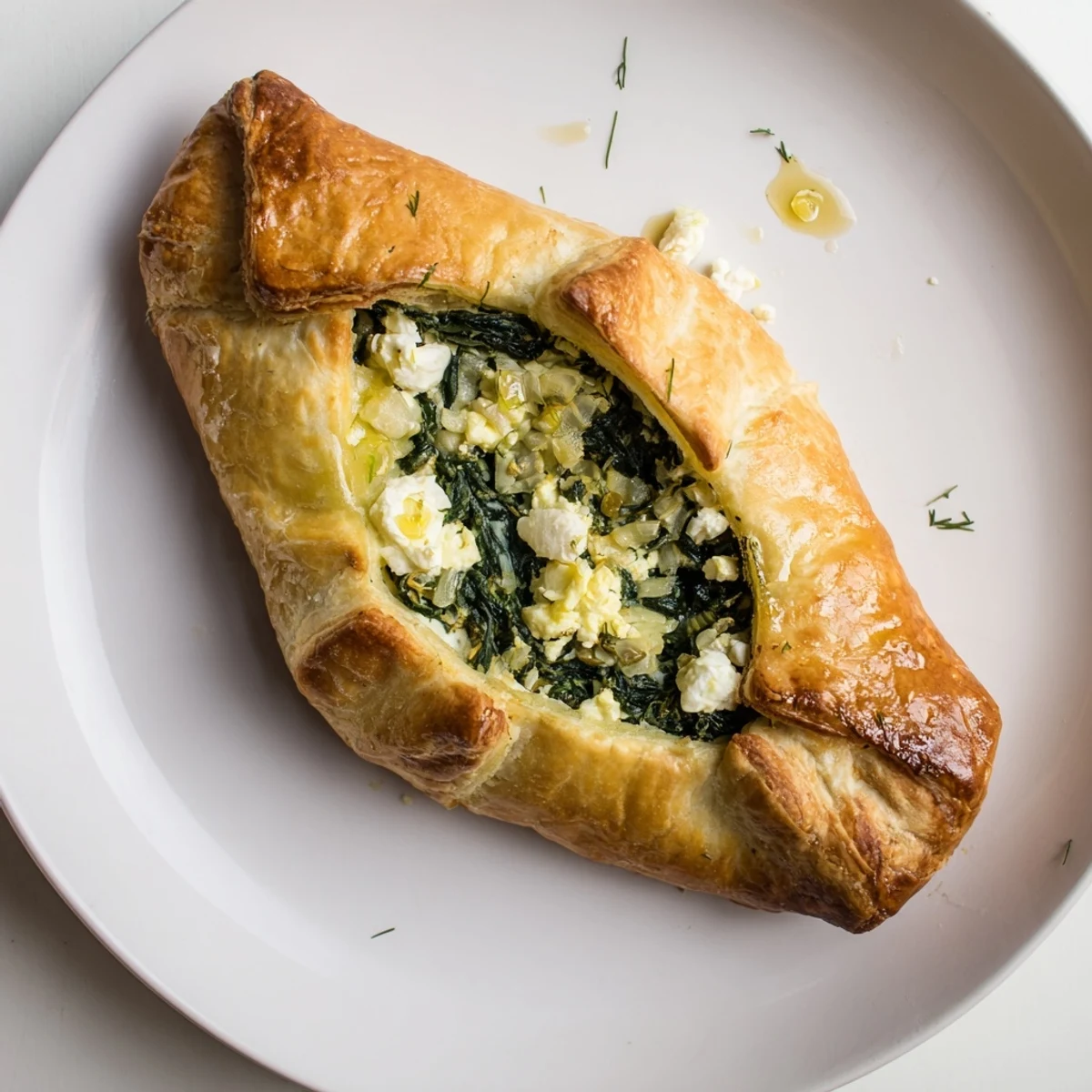 Golden-brown Green Spinach and Feta Puff Pastry, flaky crust filled with savory spinach and creamy cheese.