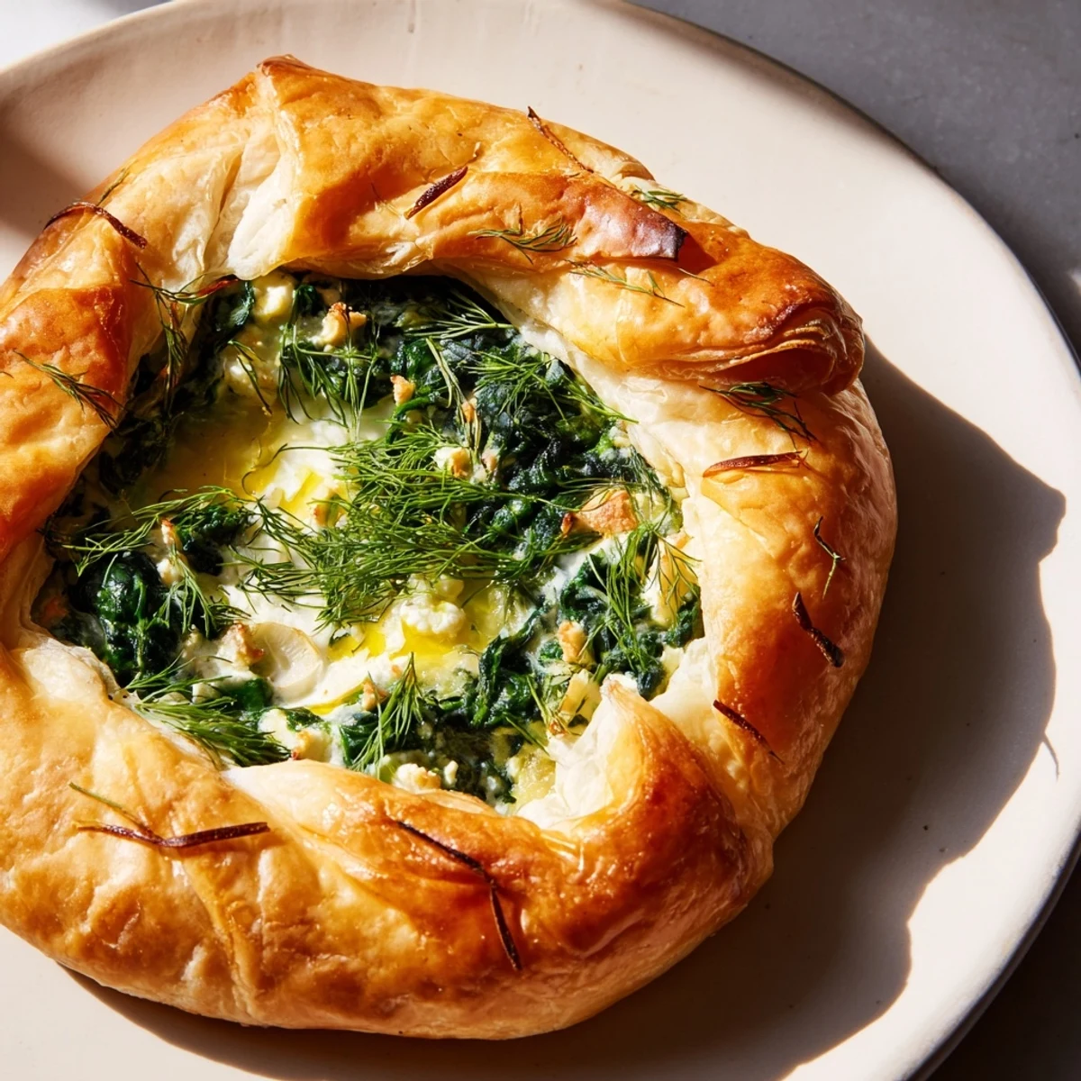 Freshly baked Green Spinach and Feta Puff Pastry brushed golden, ready to serve with a crisp salad.