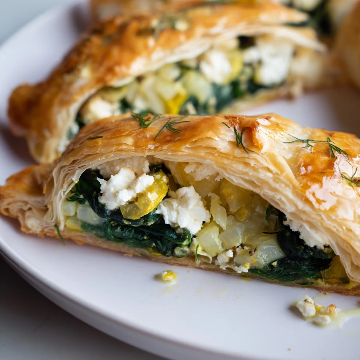 Sliced Green Spinach and Feta Puff Pastry revealing greens and herbs, served on a rustic platter.