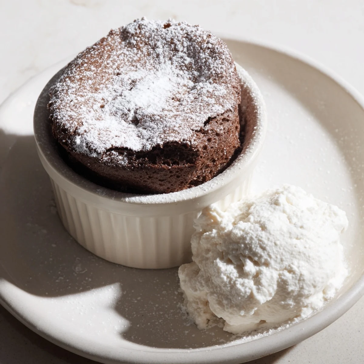 Golden Romantic Chocolate Soufflé with Cream rising high in a warm ramekin, dusted with powdered sugar.