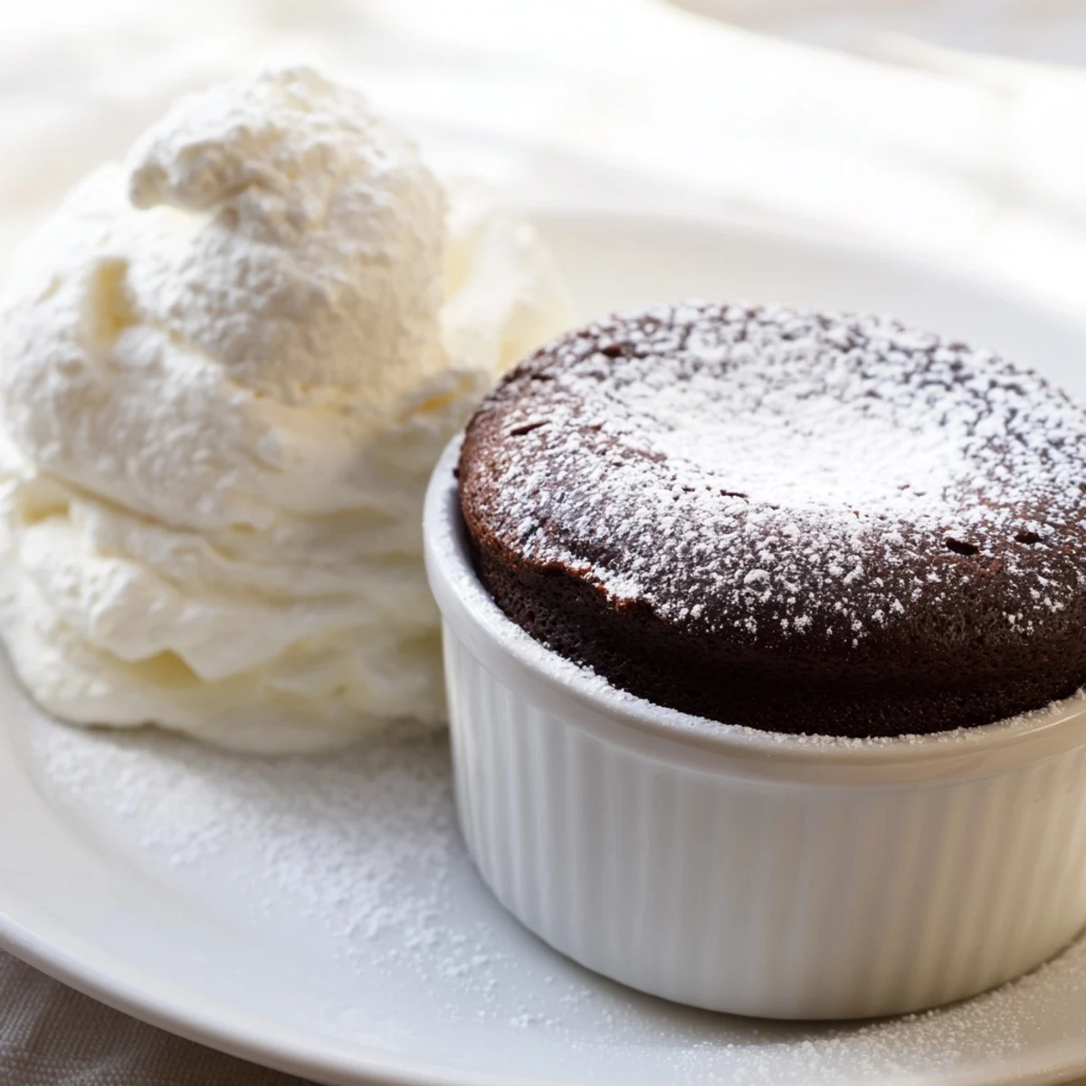 Decadent Romantic Chocolate Soufflé with Cream served with vanilla whipped cream and fresh raspberries.