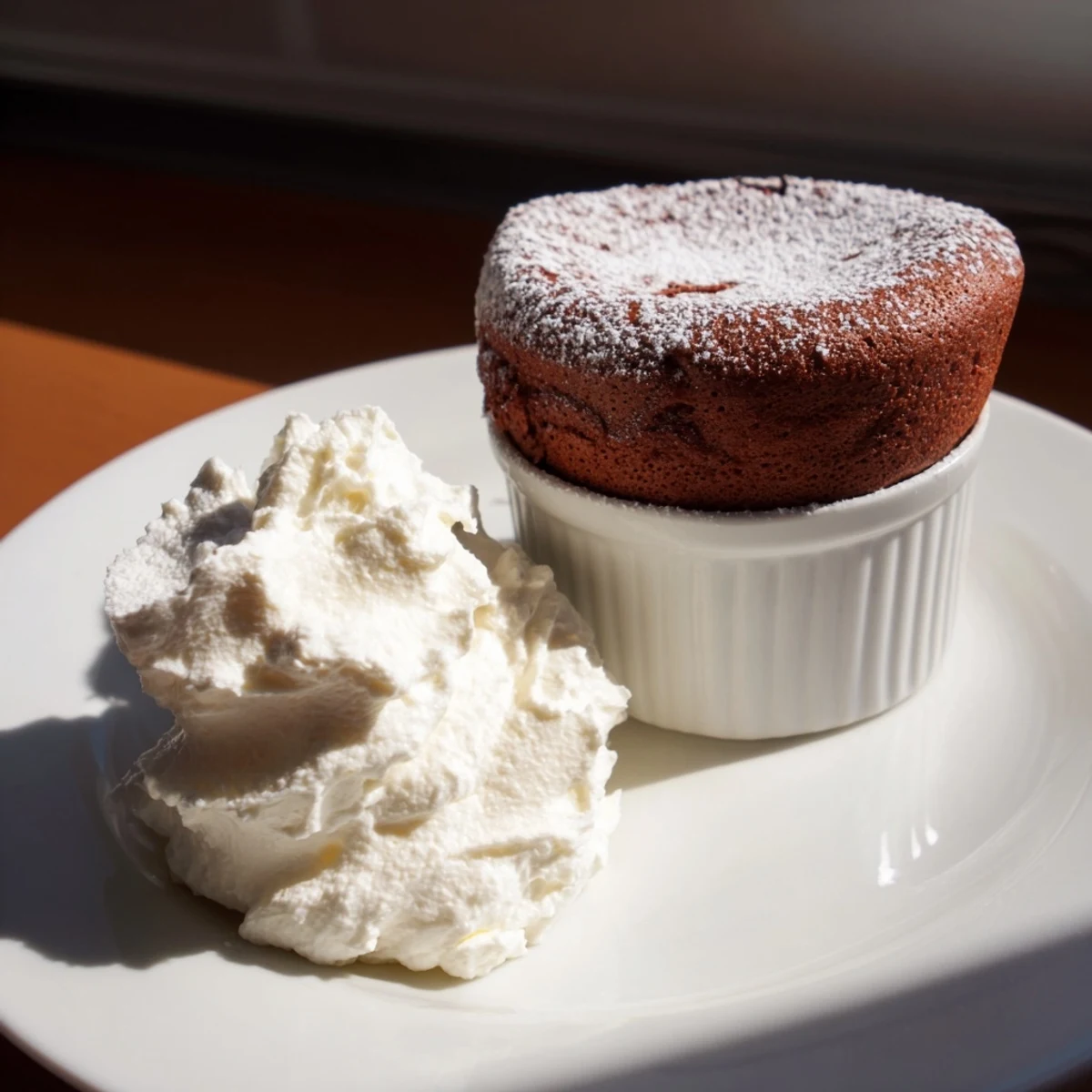 Freshly baked Romantic Chocolate Soufflé with Cream next to a spoon, ready to be enjoyed.