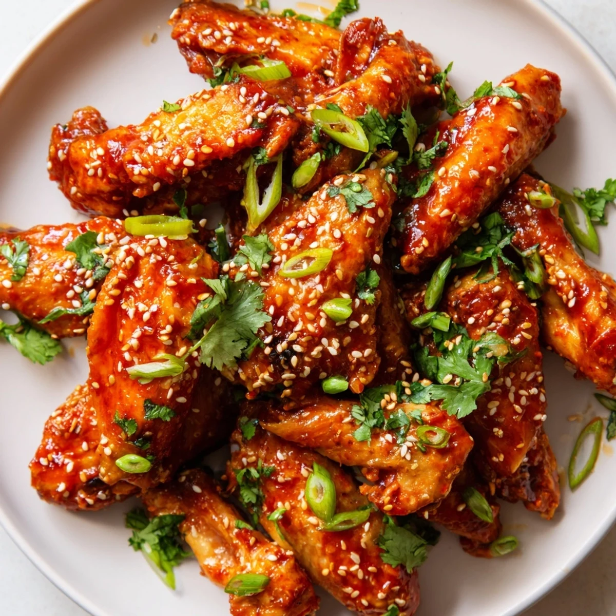 Golden-baked Super Bowl Spicy Sriracha Wings arranged on a platter with fresh cilantro and green onions, looking sticky and delicious.
