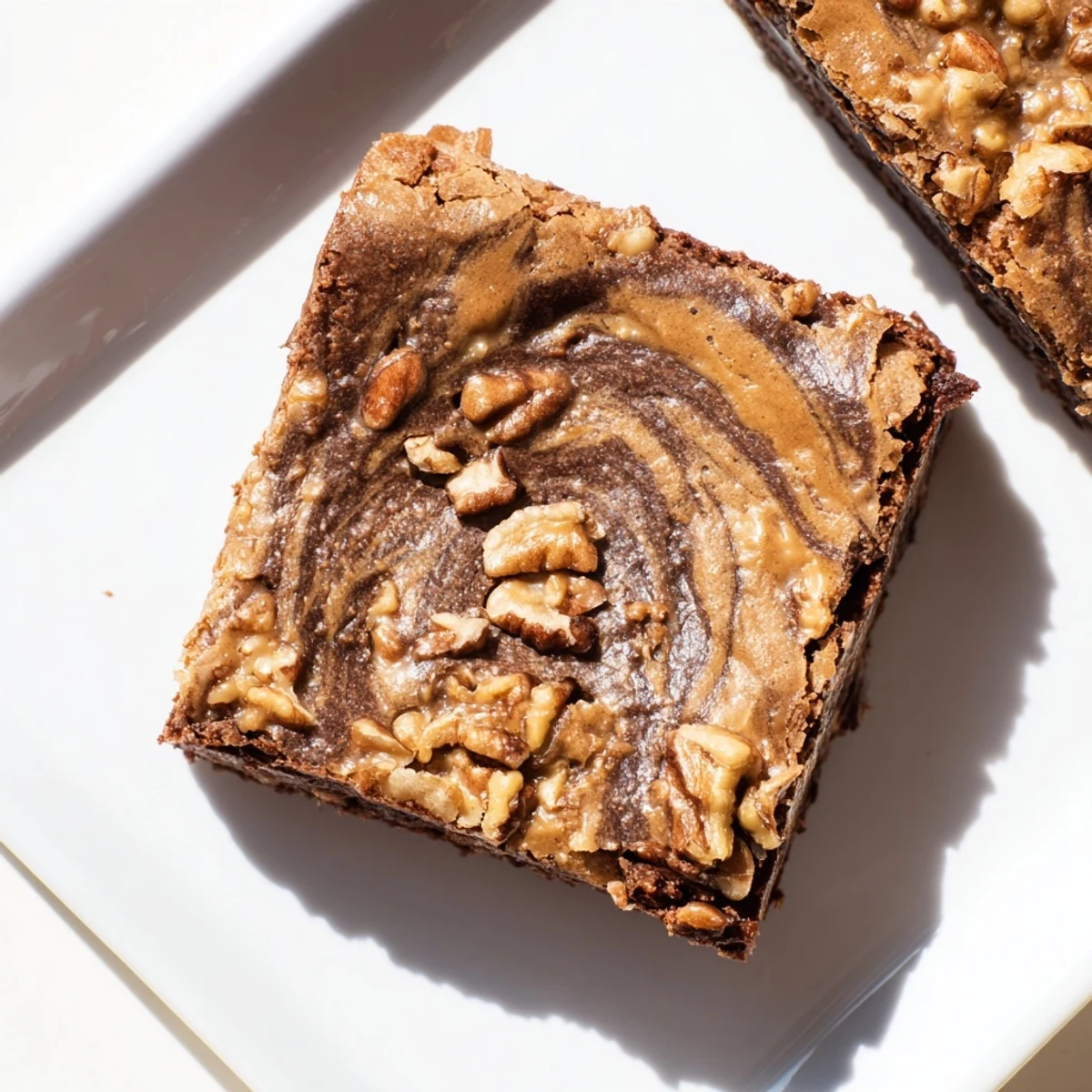 Golden-brown New Orleans Praline Brownies with a rich chocolate base and gooey, buttery pecan topping, freshly sliced on a cutting board. 