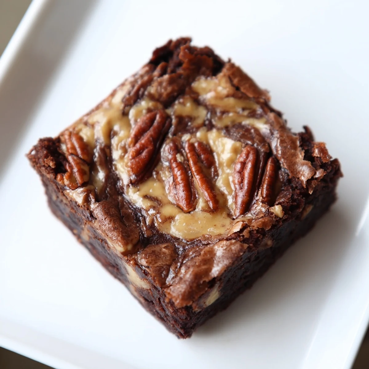 Freshly baked New Orleans Praline Brownies show glossy, marbled swirls of praline and melted chocolate next to a glass of milk. 