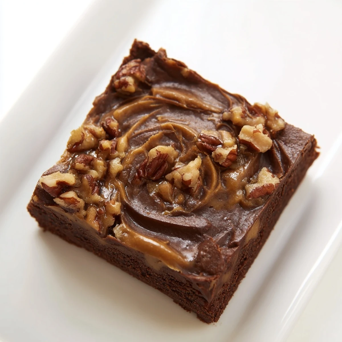 Stack of warm New Orleans Praline Brownies topped with chopped pecans, served on a white plate for a decadent dessert.