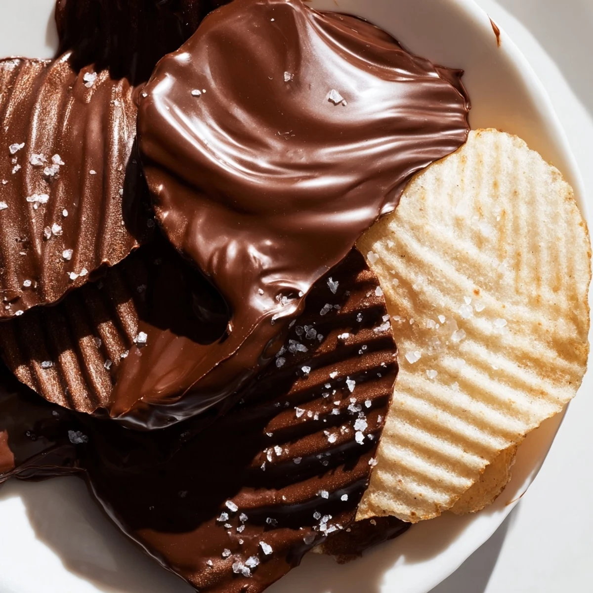 Golden Chocolate Covered Potato Chips glisten on a cooling rack, showing their irresistible sweet and salty crunch.