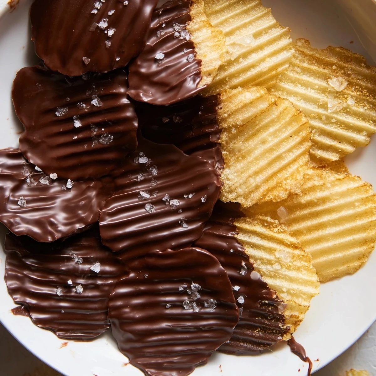 A close-up shows chocolate covered potato chips arranged on parchment paper, perfect for parties or a special snack.