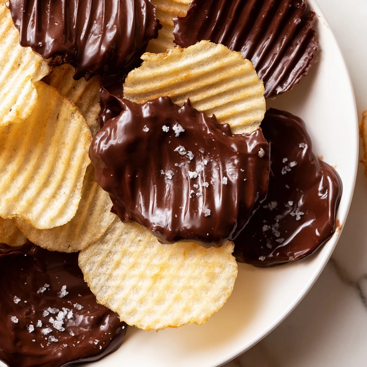 Thick-cut potato chips half-dipped in rich dark chocolate are sprinkled with sea salt on a marble counter.