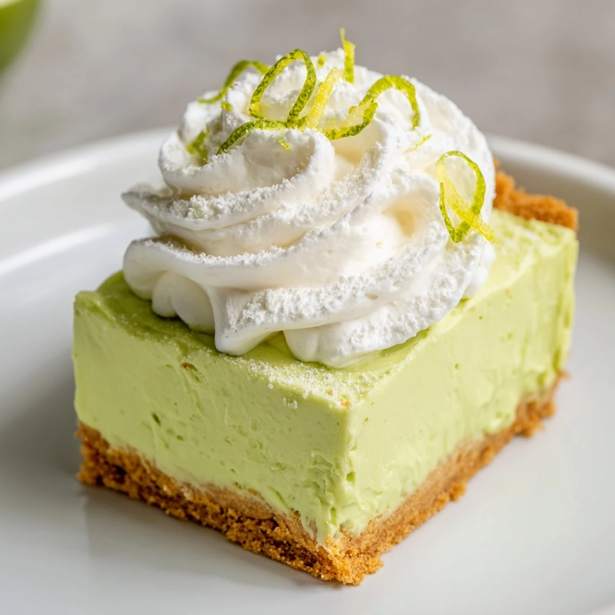 These St. Patricks Day Key Lime Pie Bars are served with a dollop of homemade whipped cream and zest.
