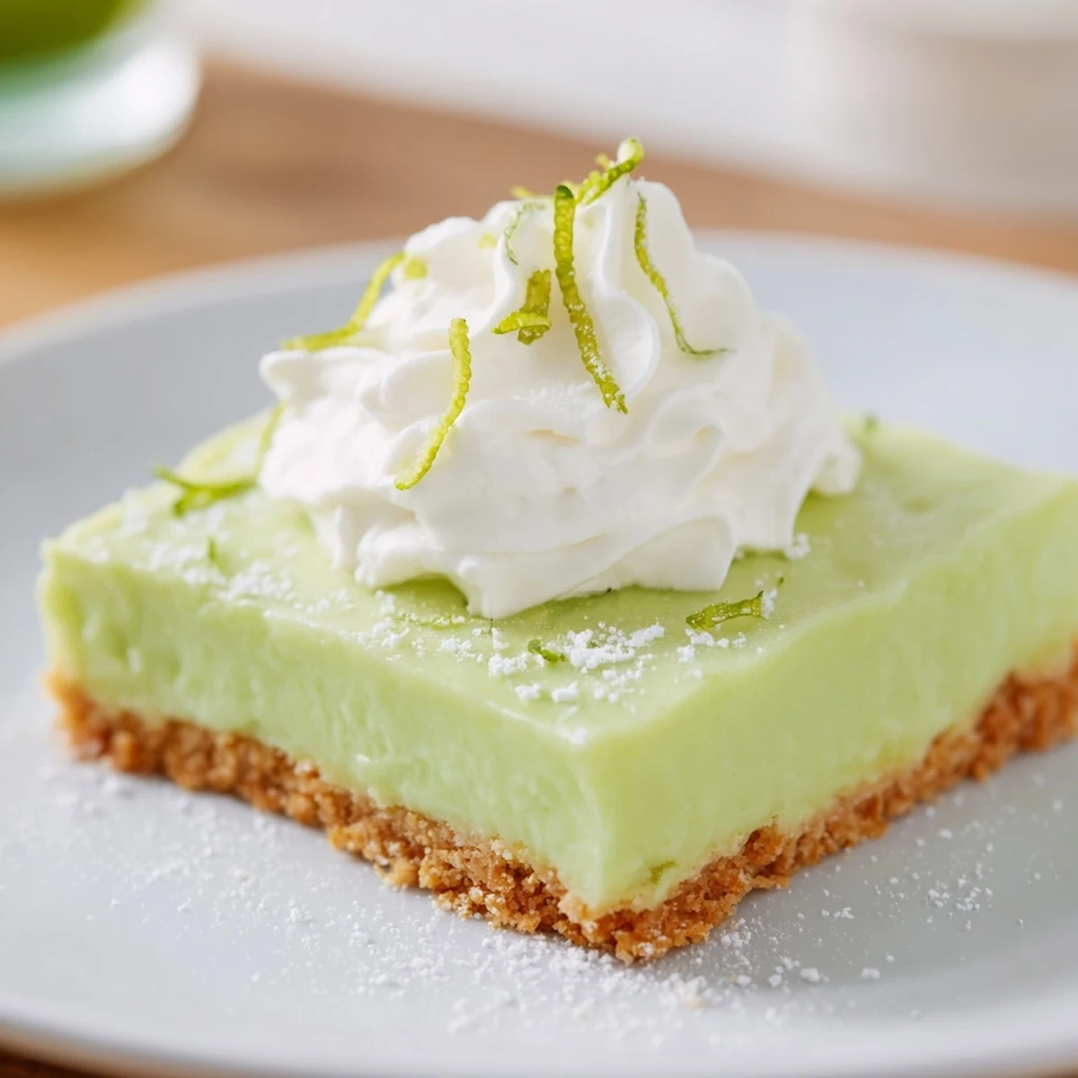 Close up on sliced St. Patricks Day Key Lime Pie Bars revealing a creamy texture and buttery graham crust.