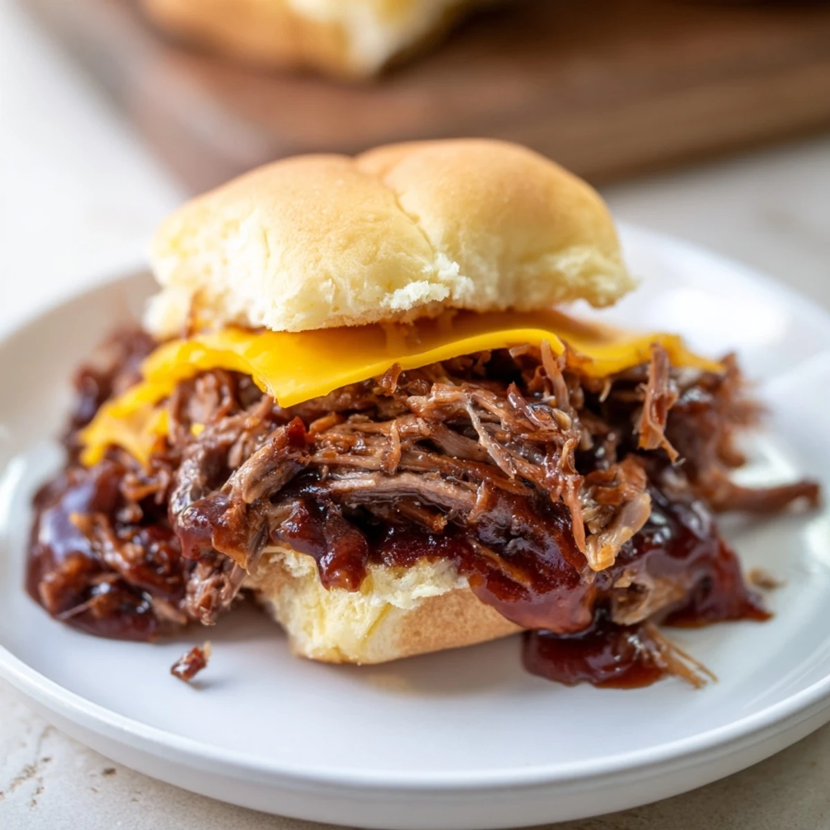 MVP Beef Brisket Sliders with BBQ Sauce piled high on toasted buns, with tangy sauce dripping down the sides.