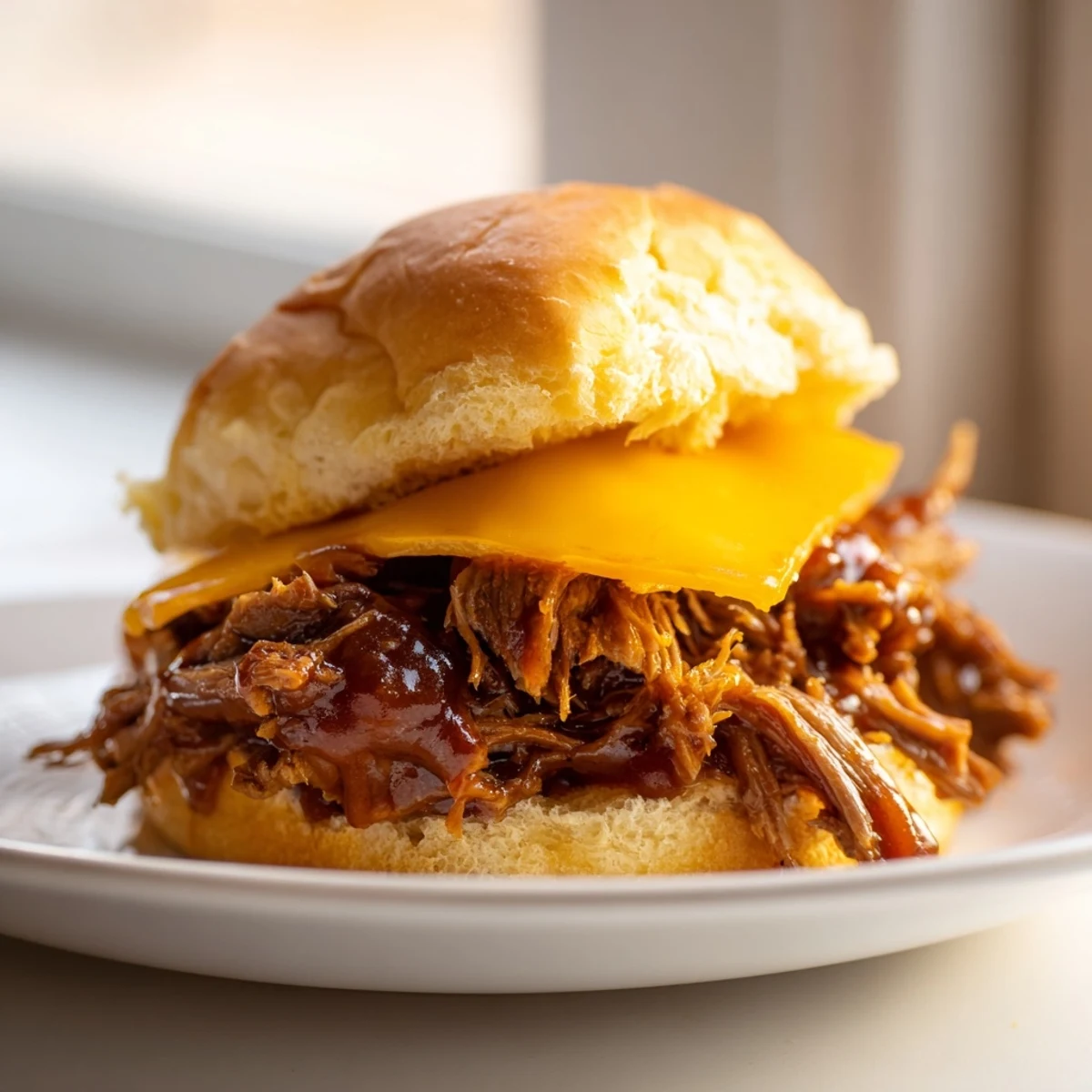 Freshly shredded beef and melted cheddar cheese on MVP Beef Brisket Sliders with BBQ Sauce, served on a rustic board.