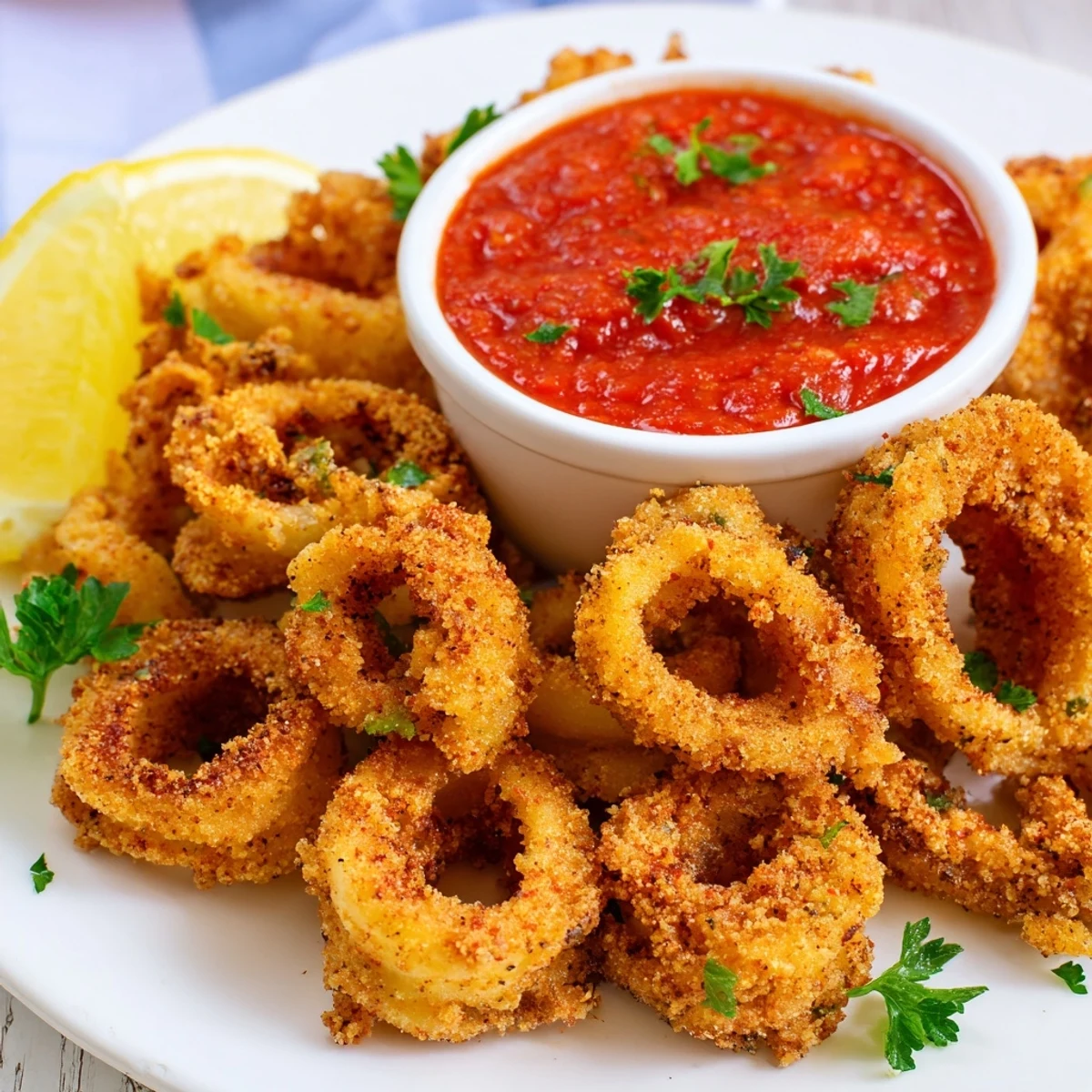 Crispy Calamari with Marinara Sauce served with fresh lemon wedges and parsley garnish on a wooden table.  