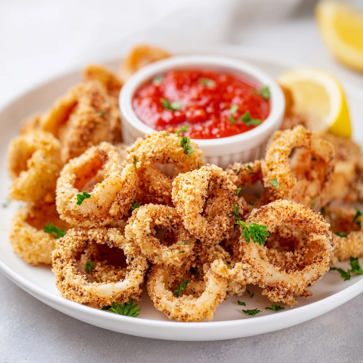 Golden fried calamari rings piled high beside a vibrant red marinara dipping sauce in a rustic white bowl.  