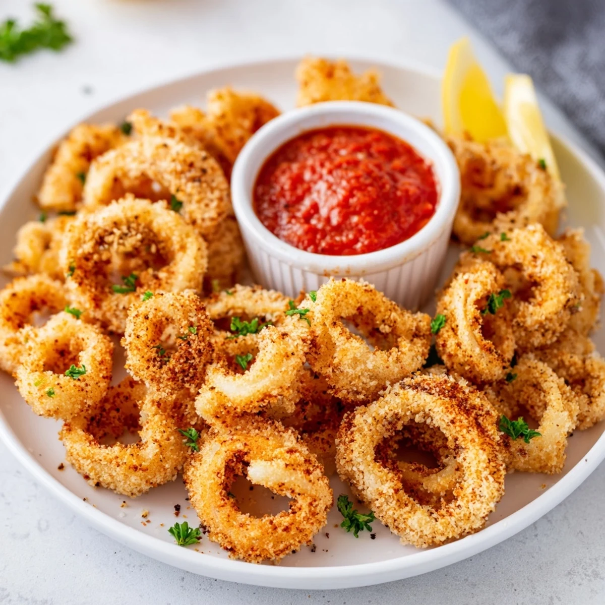 Close-up of tender Calamari with Marinara Sauce, perfectly breaded and fried for a crunchy appetizer.