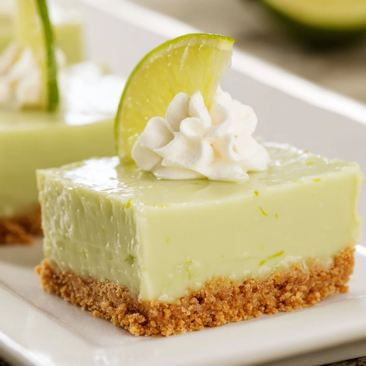 Freshly baked Key Lime Pie Bars with a golden graham cracker crust and tangy lime filling on a marble countertop.