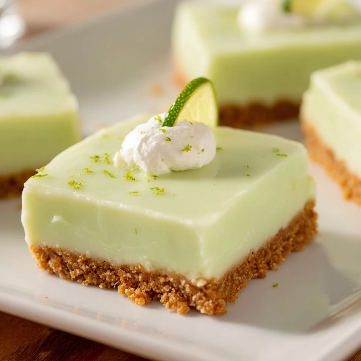 Lime zest and whipped cream garnish these chilled Key Lime Pie Bars, showcasing their refreshing, citrusy appeal for dessert lovers.