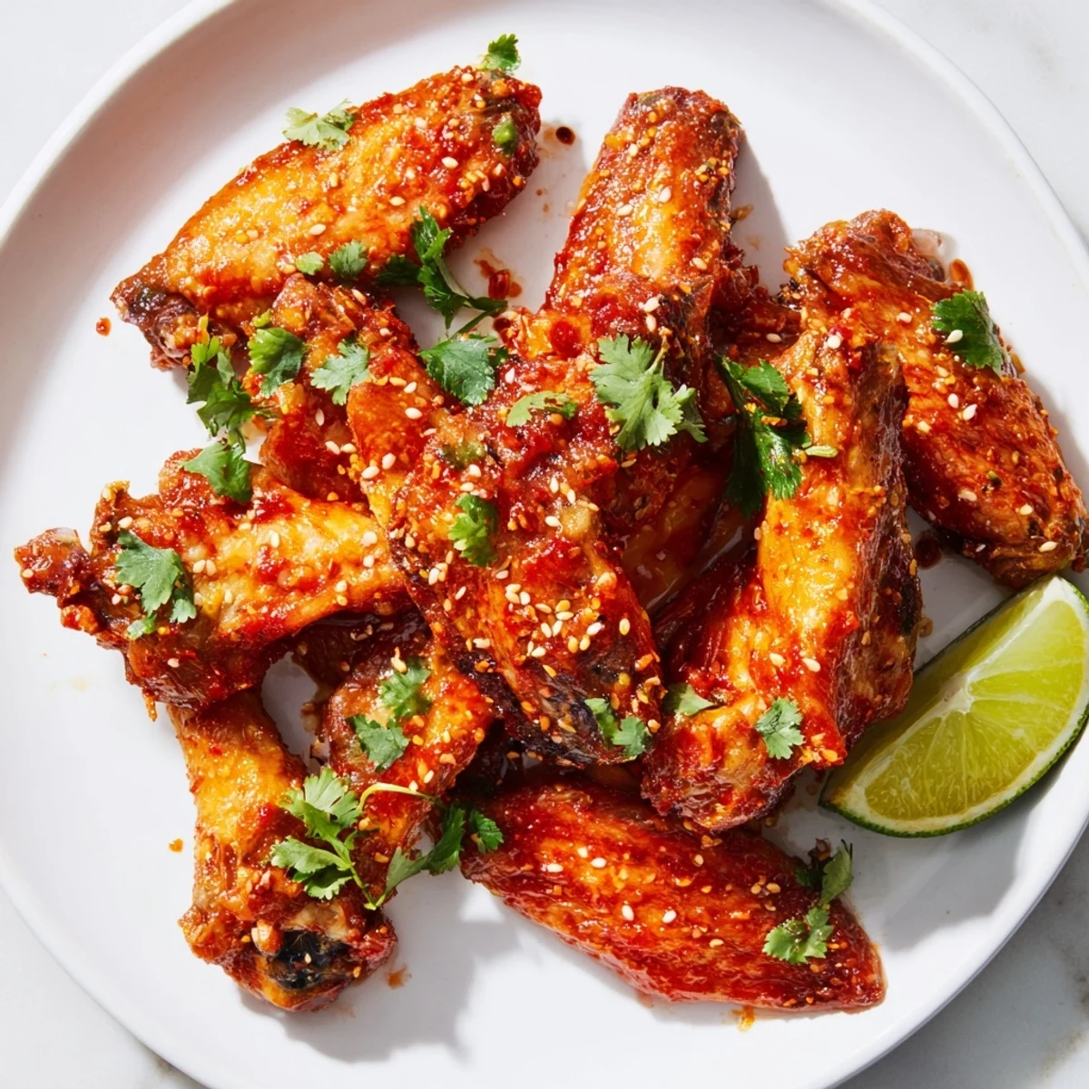 Spicy Sriracha chicken wings tossed in a glossy red sauce, ready to serve with toasted sesame seeds on a platter.